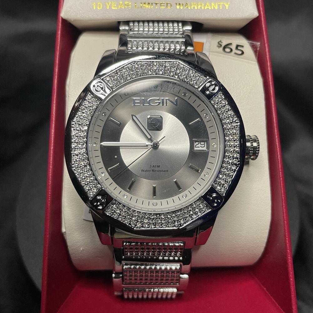 Elgin Men’s Quartz Analog Dress Watch Date Silver Metal Bracelet 50mm Case NIB